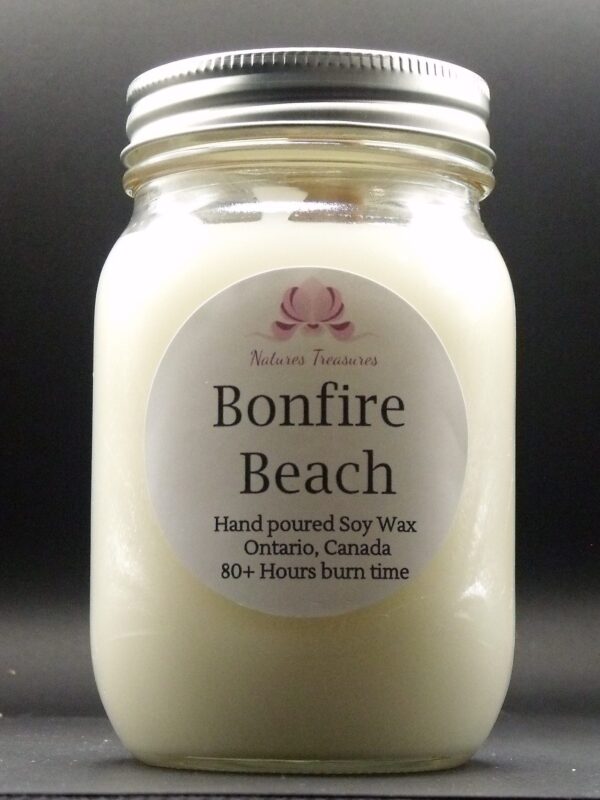 Bonfire Beach Soy Wax Candle - Mason Jar 80+ Hours Burn Time - Wooden Wick