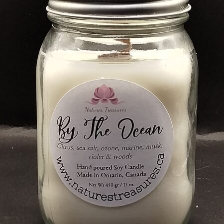 By The Ocean Soy Wax Candle - Mason Jar 80+ Hours Burn Time - Wooden Wick