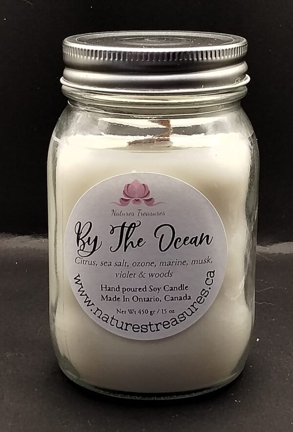 By The Ocean Soy Wax Candle - Mason Jar 80+ Hours Burn Time - Wooden Wick