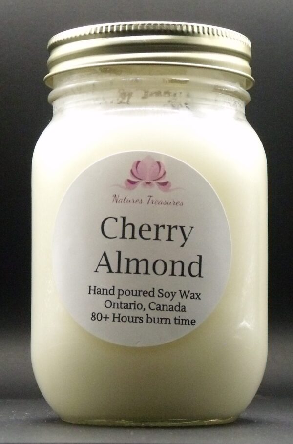 Cherry Almond Soy Wax Candle - Mason Jar 80+ Hours Burn Time - Wooden Wick