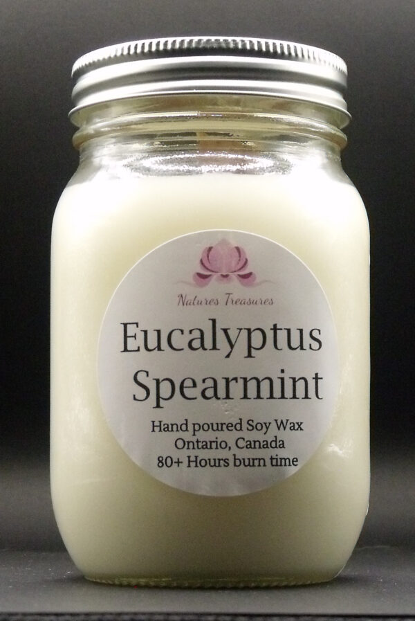 Eucalyptus Spearmint Soy Wax Candle - Mason Jar 80+ Hours Burn Time - Wooden Wick