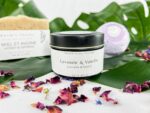 Relaxing spa gift set including a moisturizing bath bomb, an exfoliating soap and a soy candle