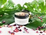 Relaxing spa gift set including a moisturizing bath bomb, an exfoliating soap and a soy candle