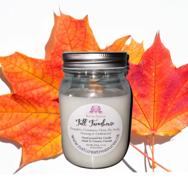 Fall Farmhouse Soy Wax Candle - Mason Jar 80+ Hours Burn Time - Wooden Wick