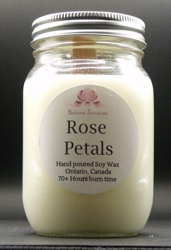 Rose Petals Soy Wax Candle - Mason Jar 80+ Hours Burn Time - Wooden Wick
