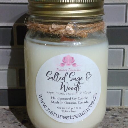 Salted Sage & Woods Soy Wax Candle - Mason Jar 80+ Hours Burn Time - Wooden Wick