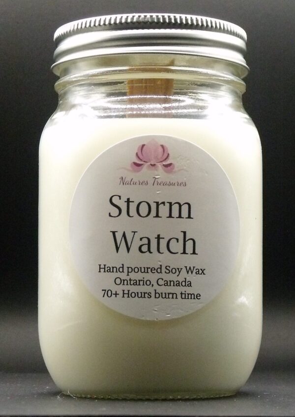 Storm Watch Soy Wax Candle - Mason Jar 80+ Hours Burn Time - Wooden Wick