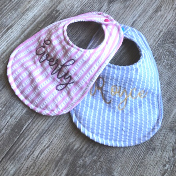 Monogrammed Seersucker Newborn Baby Bib