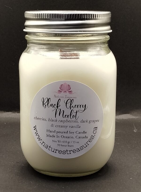 Black Cherry Merlot Soy Wax Candle - Mason Jar 80+ Hours Burn Time - Wooden Wick