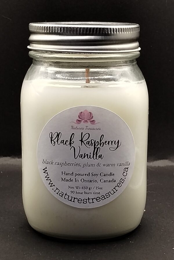 Black Raspberry Vanilla Soy Wax Candle - Mason Jar 80+ Hours Burn Time - Wooden Wick