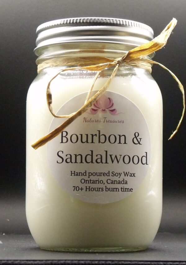 Bourbon & Sandalwood Soy Wax Candle - Mason Jar 80+ Hours Burn Time - Wooden Wick
