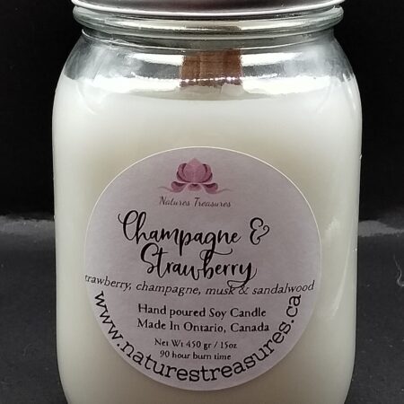 Champagne & Strawberries Wax Candle - Mason Jar 80+ Hours Burn Time - Wooden Wick