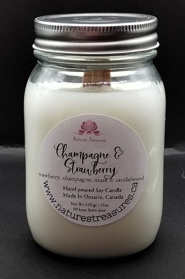 Champagne & Strawberries Wax Candle - Mason Jar 80+ Hours Burn Time - Wooden Wick