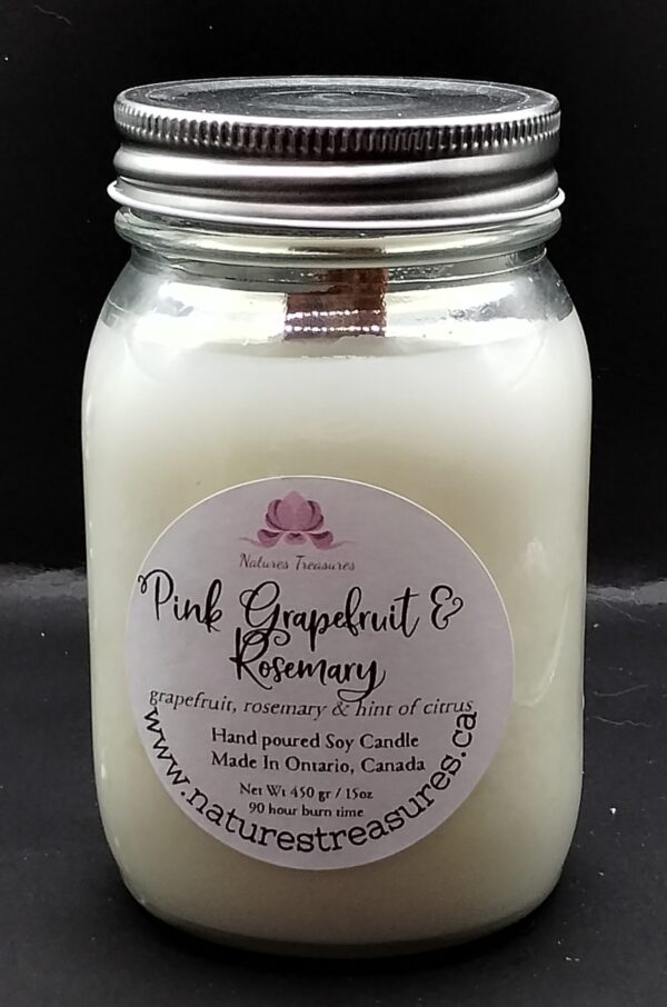 Grapefruit Rosemary Soy Wax Candle - Mason Jar 80+ Hours Burn Time - Wooden Wick