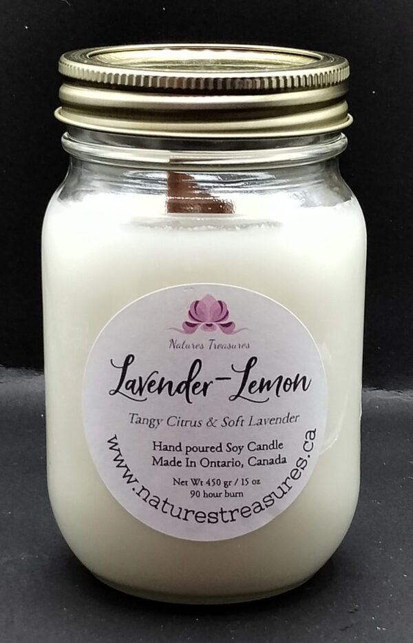 Lavender-Lemon Wax Candle - Mason Jar 80+ Hours Burn Time - Wooden Wick