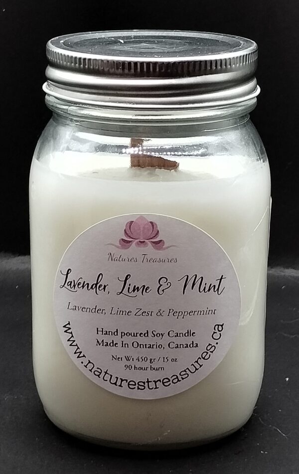 Lavender-Lime-Mint Wax Candle - Mason Jar 80+ Hours Burn Time - Wooden Wick