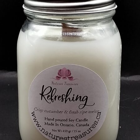Refreshing (cucumber-melon) Soy Wax Candle - Mason Jar 80+ Hours Burn Time - Wooden Wick