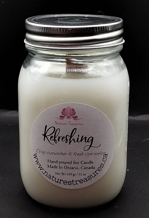 Refreshing (cucumber-melon) Soy Wax Candle - Mason Jar 80+ Hours Burn Time - Wooden Wick