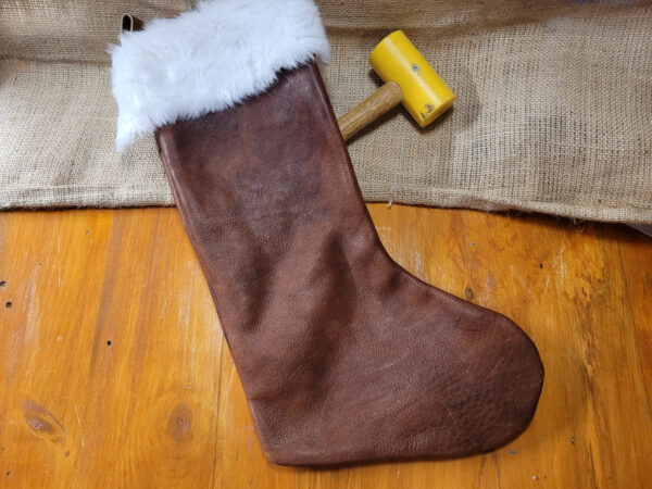 Hand made leather Christmas stocking with faux fleece topping
