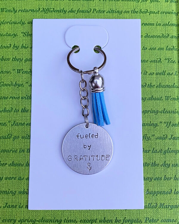 ‘fueled by gratitude’ hand stamped keychain