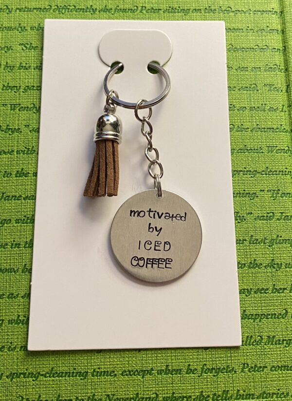 ‘motivated by iced coffee’ hand stamped keychain