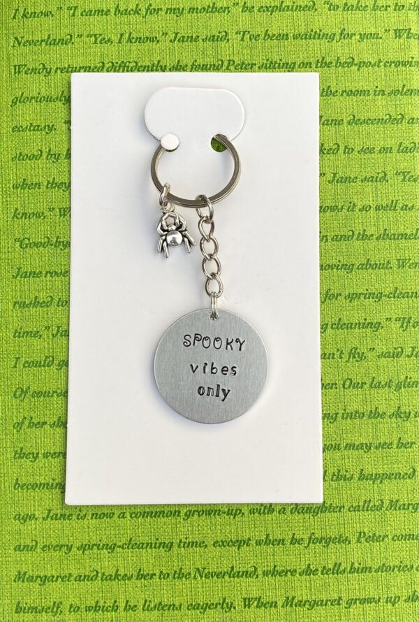‘spooky vibes only’ hand stamped keychain