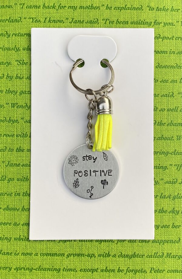 ‘stay positive’ hand stamped keychain