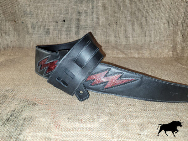 Hand made black leather guitar strap with double red lightning bolts