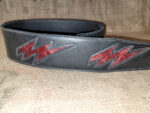 Hand made black leather guitar strap with double red lightning bolts