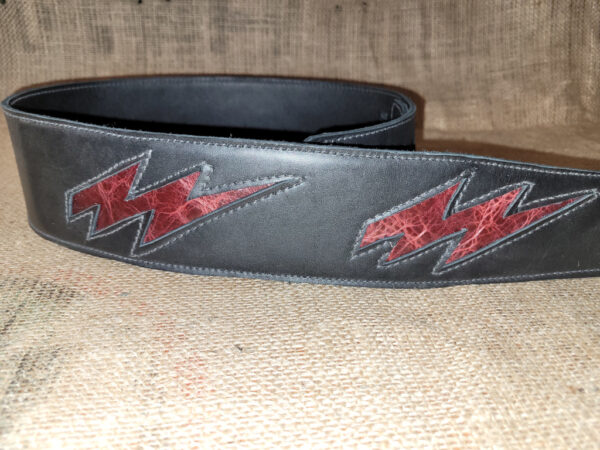 Hand made black leather guitar strap with double red lightning bolts