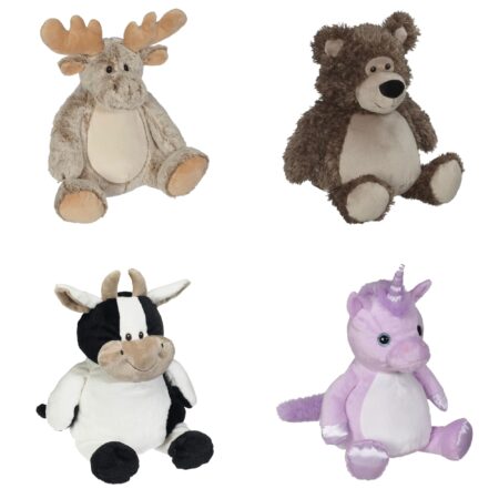 four options of stuffies for embroidery, moose, bear, cow and unicorn