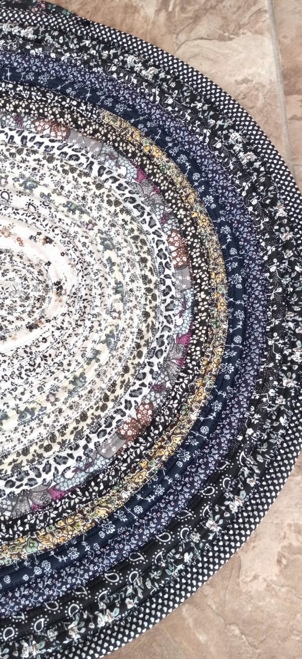 Hand Crafted Jelly Roll Rug Black & White with hint of Gold & Brown 26" by 40"