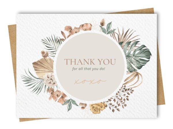 Thank you greeting card featuring modern watercolour foliage such as Monstera and dried Palm leaf
