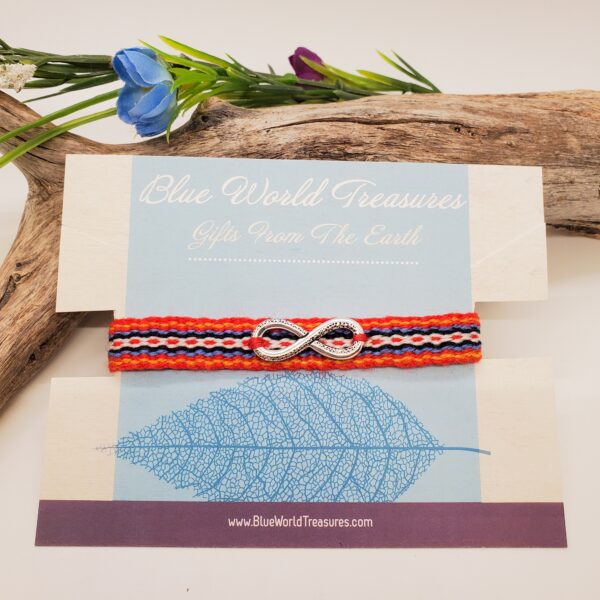 Handmade Metis Sash Bracelet with Silver Infinity Symbol - Adjustable Alpaca Wool, Red Aboriginal Design