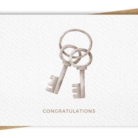 New home greeting card displaying a set of watercolour skeleton keys
