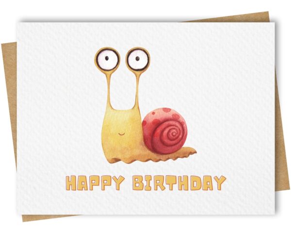 Birthday greeting card showcasing a quirky watercolour snail
