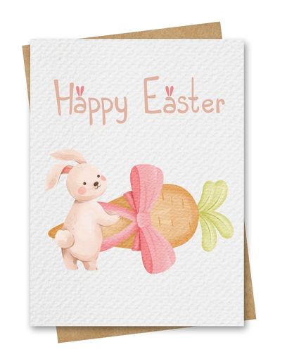 Ecstatic watercolour bunny with a large carrot gift Easter Card