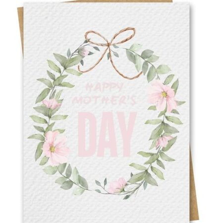 A Mother's day card portraying a beautiful watercolour floral wreath in shades of green and pink