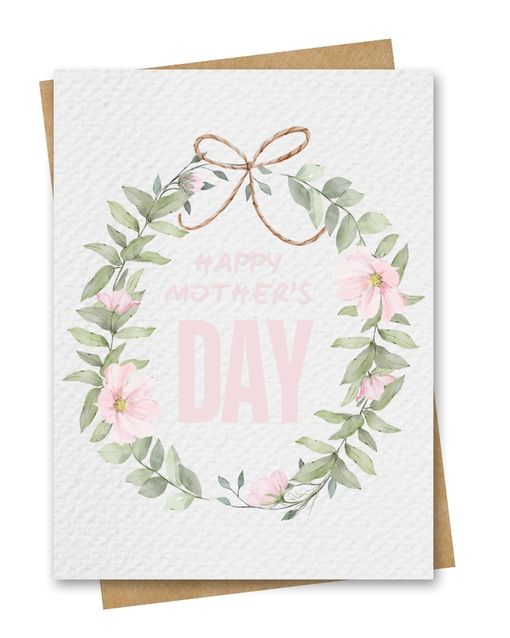 A Mother's day card portraying a beautiful watercolour floral wreath in shades of green and pink