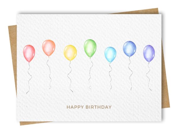 Birthday greeting card featuring a rainbow of watercolour balloons
