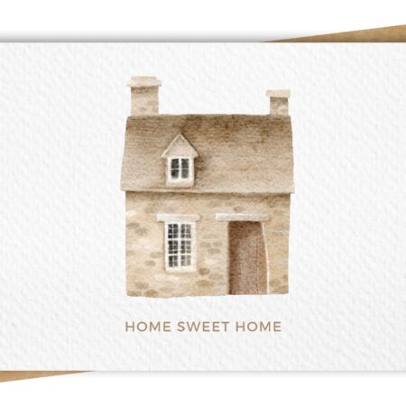 New home greeting card displaying a watercolour stone house