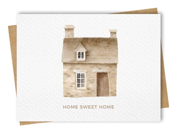 New home greeting card displaying a watercolour stone house