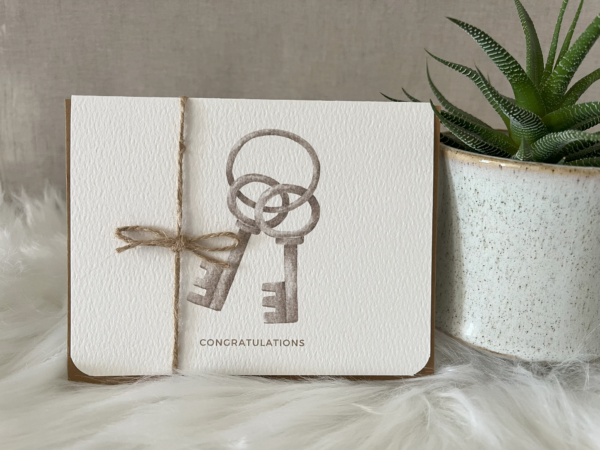 New home greeting card displaying a set of watercolour skeleton keys