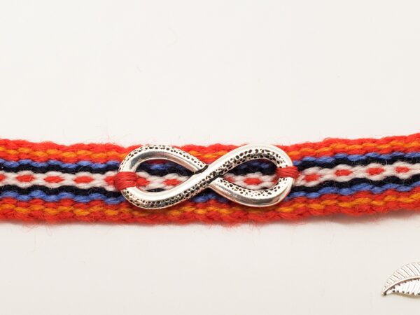 Handmade Metis Sash Bracelet with Silver Infinity Symbol - Adjustable Alpaca Wool, Red Aboriginal Design