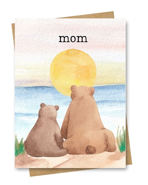 A Mother's day card portraying a watercolour mama and baby bear gazing at the sunset over water