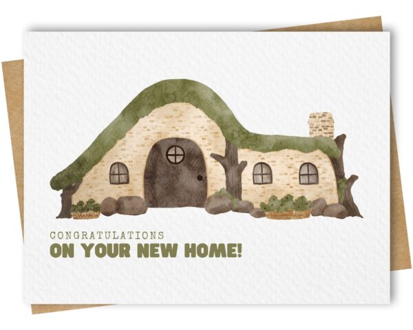 New home greeting card including a watercolour hobbit style house