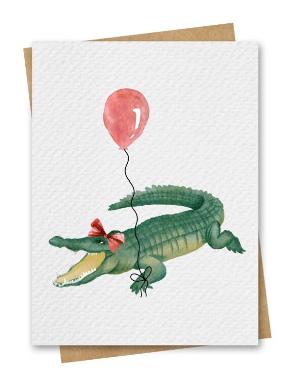 Watercolour Alligator With Red Balloon Birthday Card