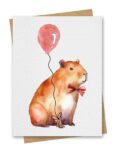 Watercolour Capybara With Red Balloon Birthday Card