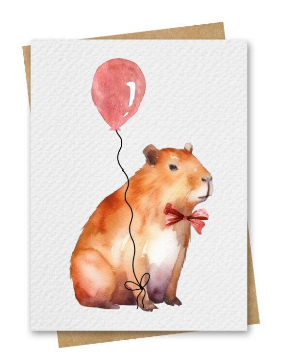 Watercolour Capybara With Red Balloon Birthday Card