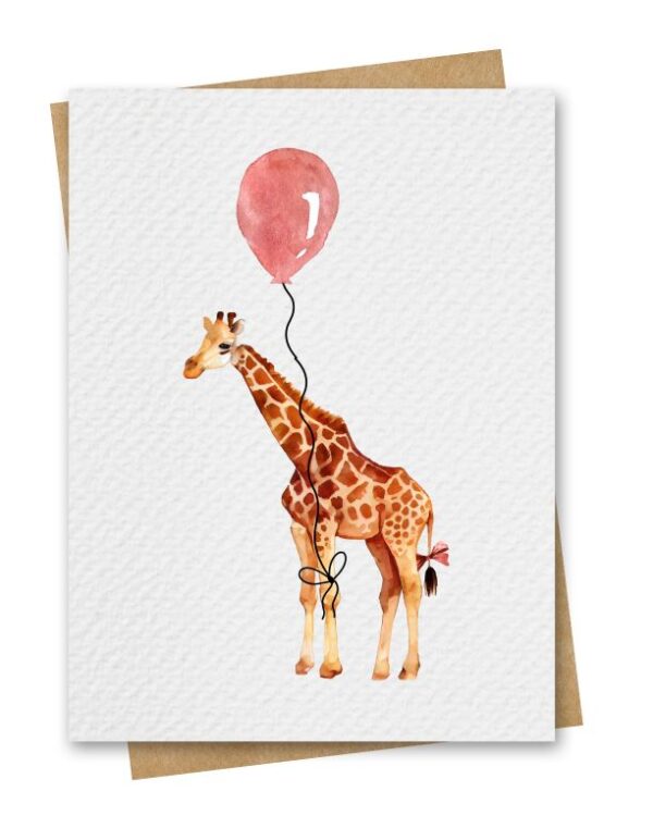 Watercolour Giraffe With Red Balloon Birthday Card